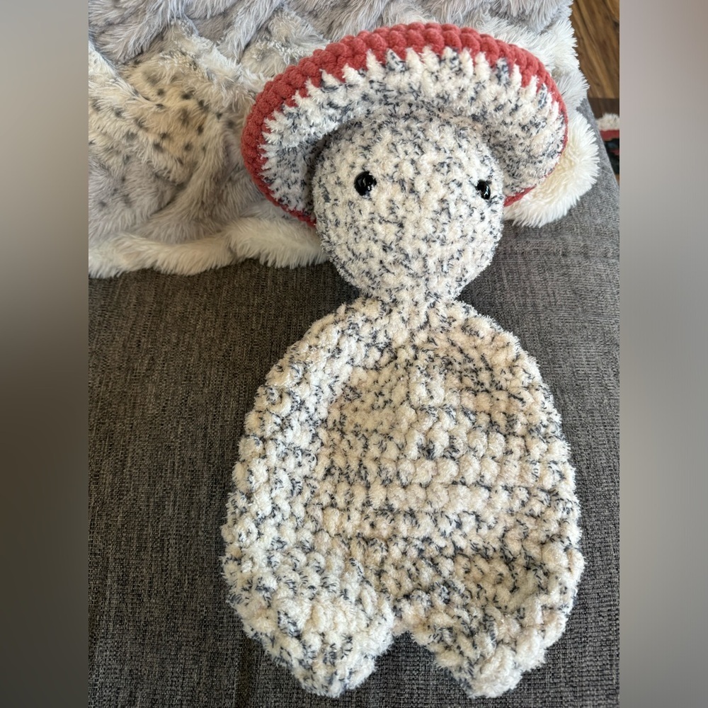 Red & gray toadstool crocheted snuggle buddy - Picture 1 of 2